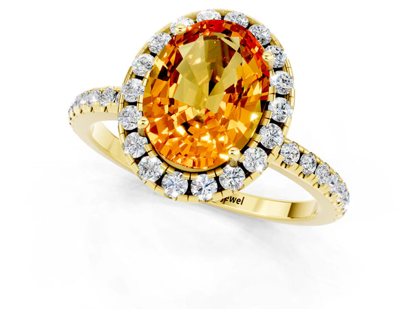Yellow gold Oval Cut Citrine Halo Ring with Round Pavé Band and Prong Setting