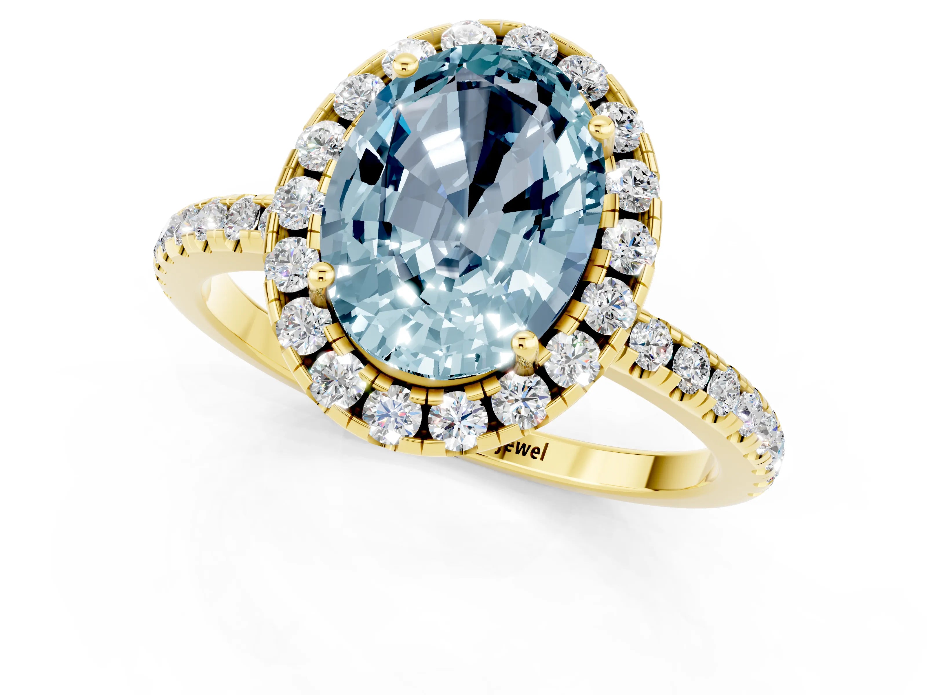 Yellow gold Oval Cut Halo Round Diamond Pavé Band Four-Prong Ring_1
