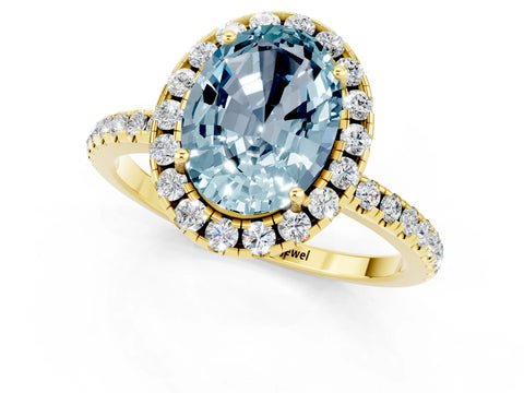 Yellow gold Oval Cut Halo Round Diamond Pavé Band Four-Prong Ring_1