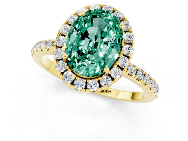 Yellow gold Oval Cut Green Sapphire Halo Ring with Round Pavé Band and Prong Setting