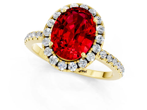 Yellow gold Oval Cut Halo Round Diamond Pavé Band Four-Prong Ring_1