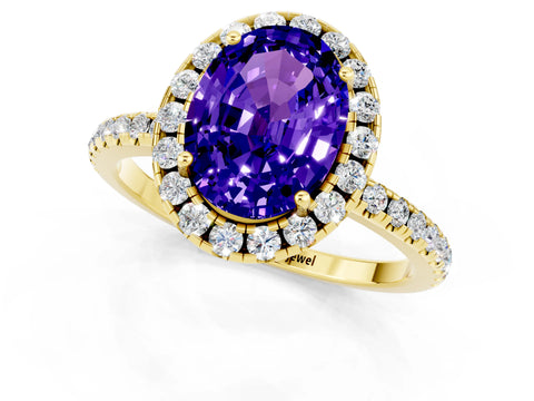 Yellow gold Oval Cut Halo Round Diamond Pavé Band Four-Prong Ring_1