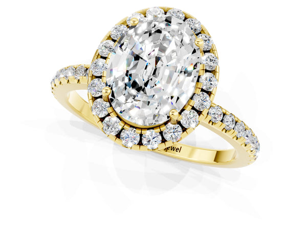 Yellow gold Oval Cut Moissanite Halo Ring with Round Pavé Band and Prong Setting