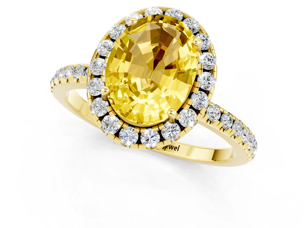 Yellow gold Oval Cut Yellow Sapphire Halo Ring with Round Pavé Band and Prong Setting