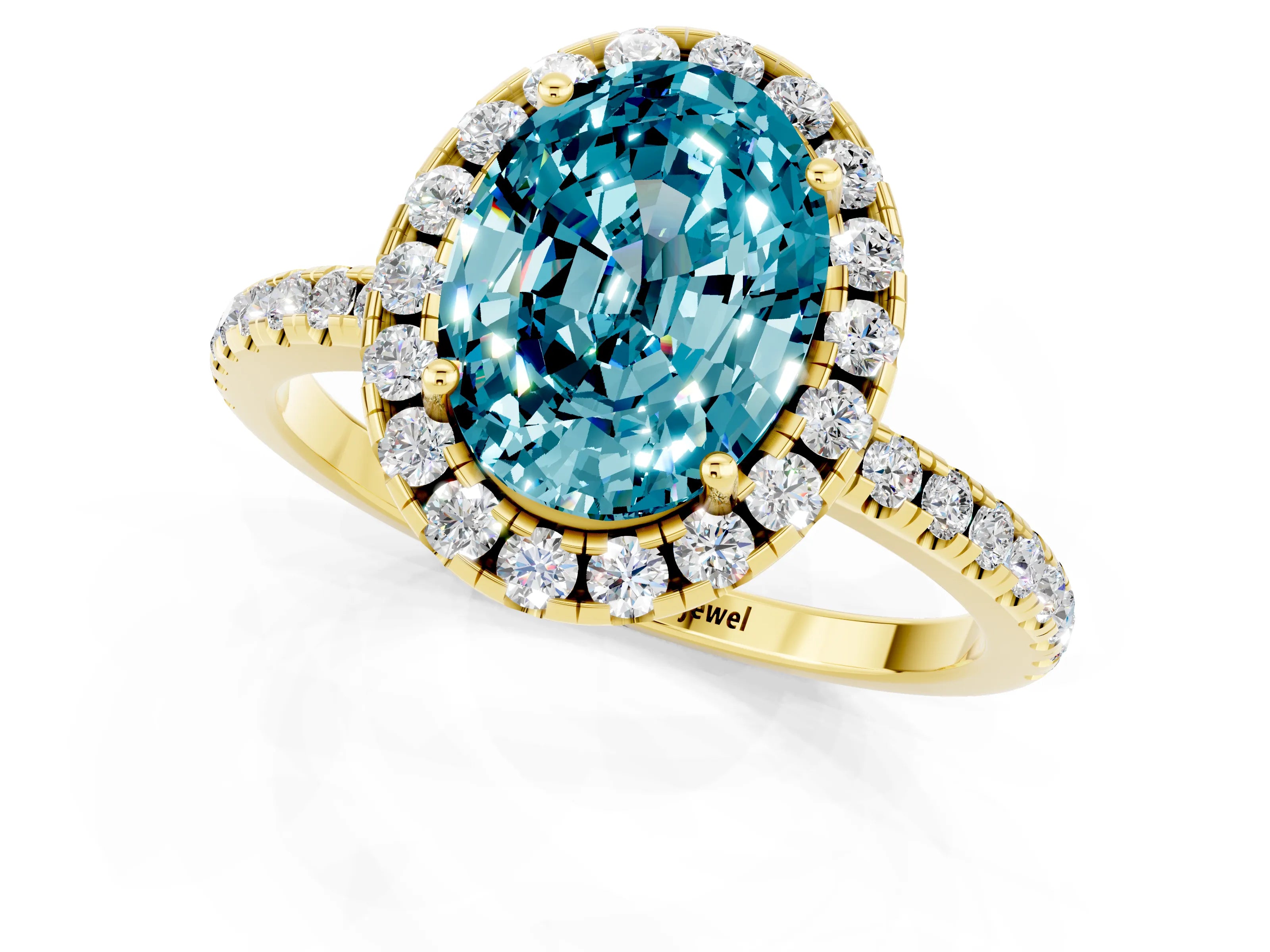 Yellow gold Oval Cut Halo Round Diamond Pavé Band Four-Prong Ring_1