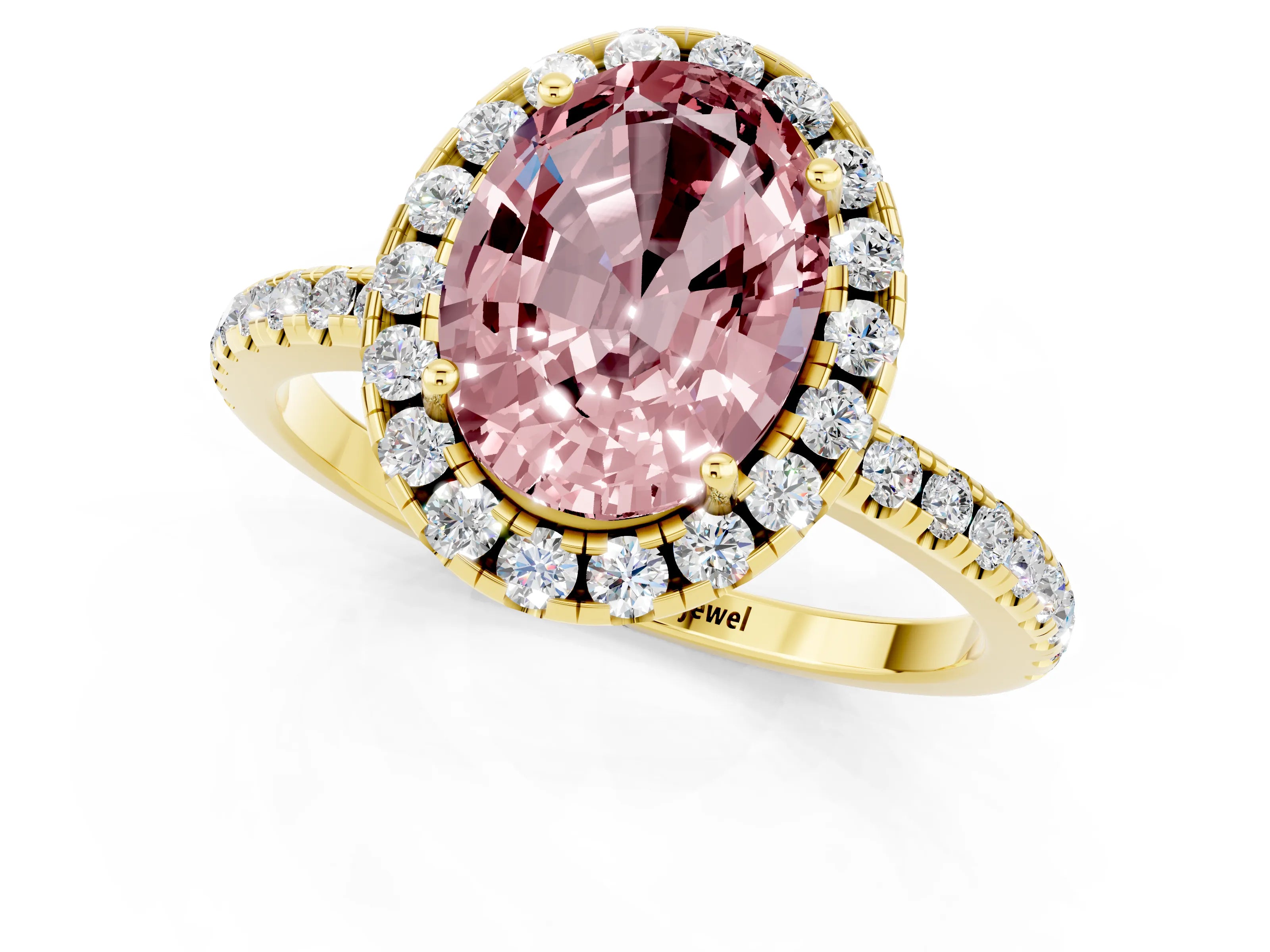 Yellow gold Oval Cut Halo Round Diamond Pavé Band Four-Prong Ring_1