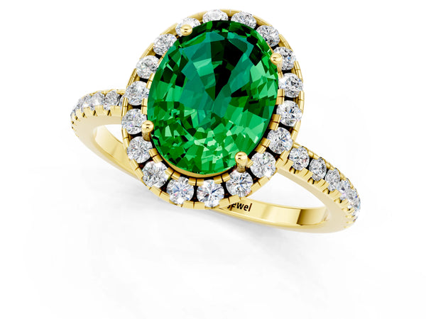Yellow gold Oval Cut Emerald Halo Ring with Round Pavé Band and Prong Setting