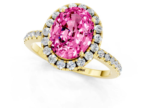 Yellow gold Oval Cut Halo Round Diamond Pavé Band Four-Prong Ring_1