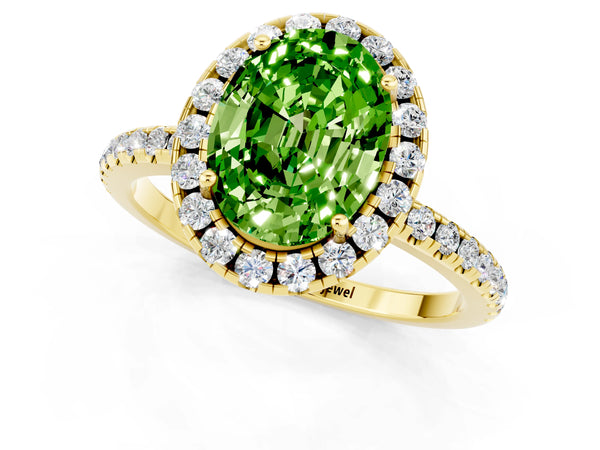 Yellow gold Oval Cut Halo Round Diamond Pavé Band Four-Prong Ring