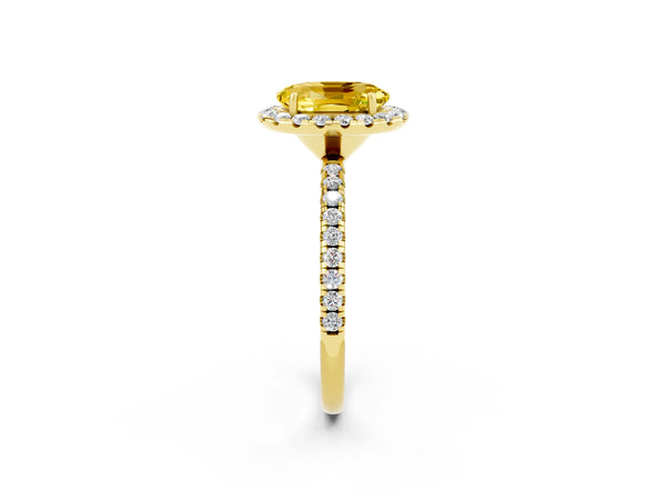 Yellow gold Oval Cut Yellow Sapphire Halo Ring with Round Pavé Band and Prong Setting