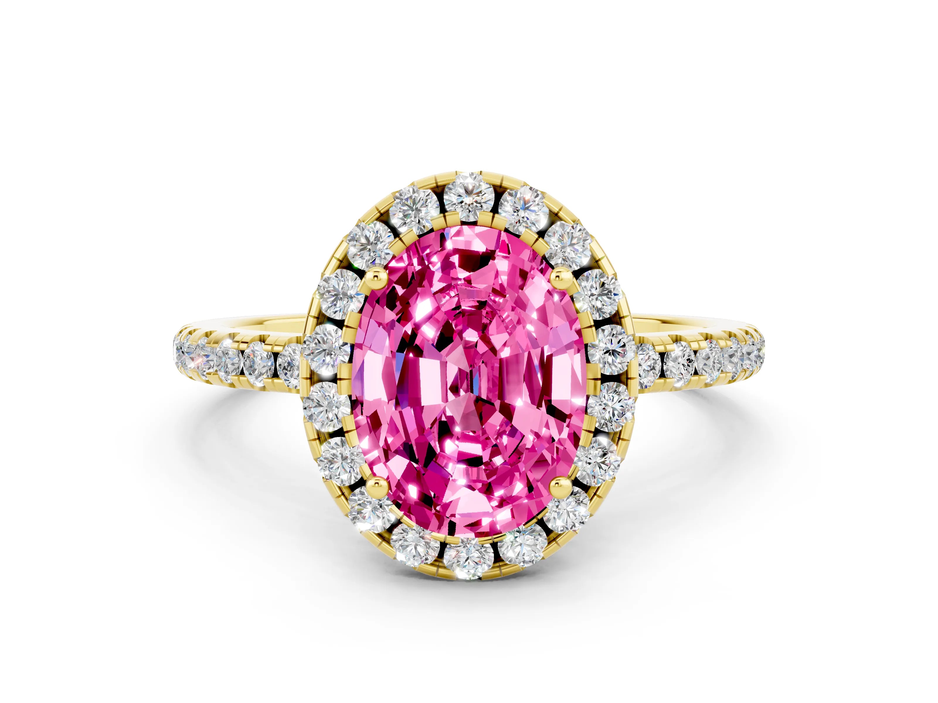 Yellow gold Oval Cut Halo Round Diamond Pavé Band Four-Prong Ring