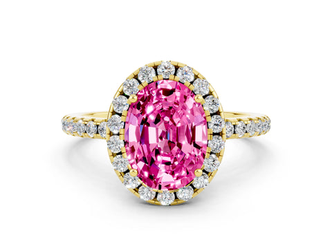 Yellow gold Oval Cut Halo Round Diamond Pavé Band Four-Prong Ring