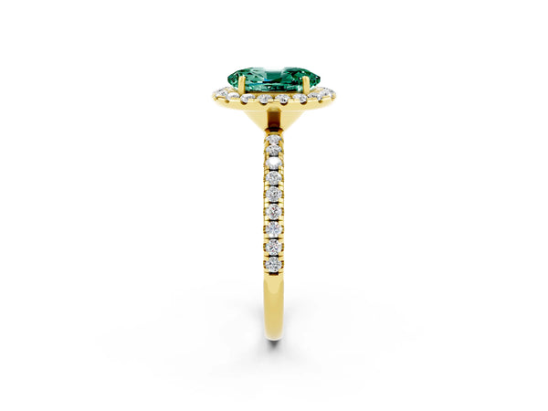 Yellow gold Oval Cut Green Sapphire Halo Ring with Round Pavé Band and Prong Setting