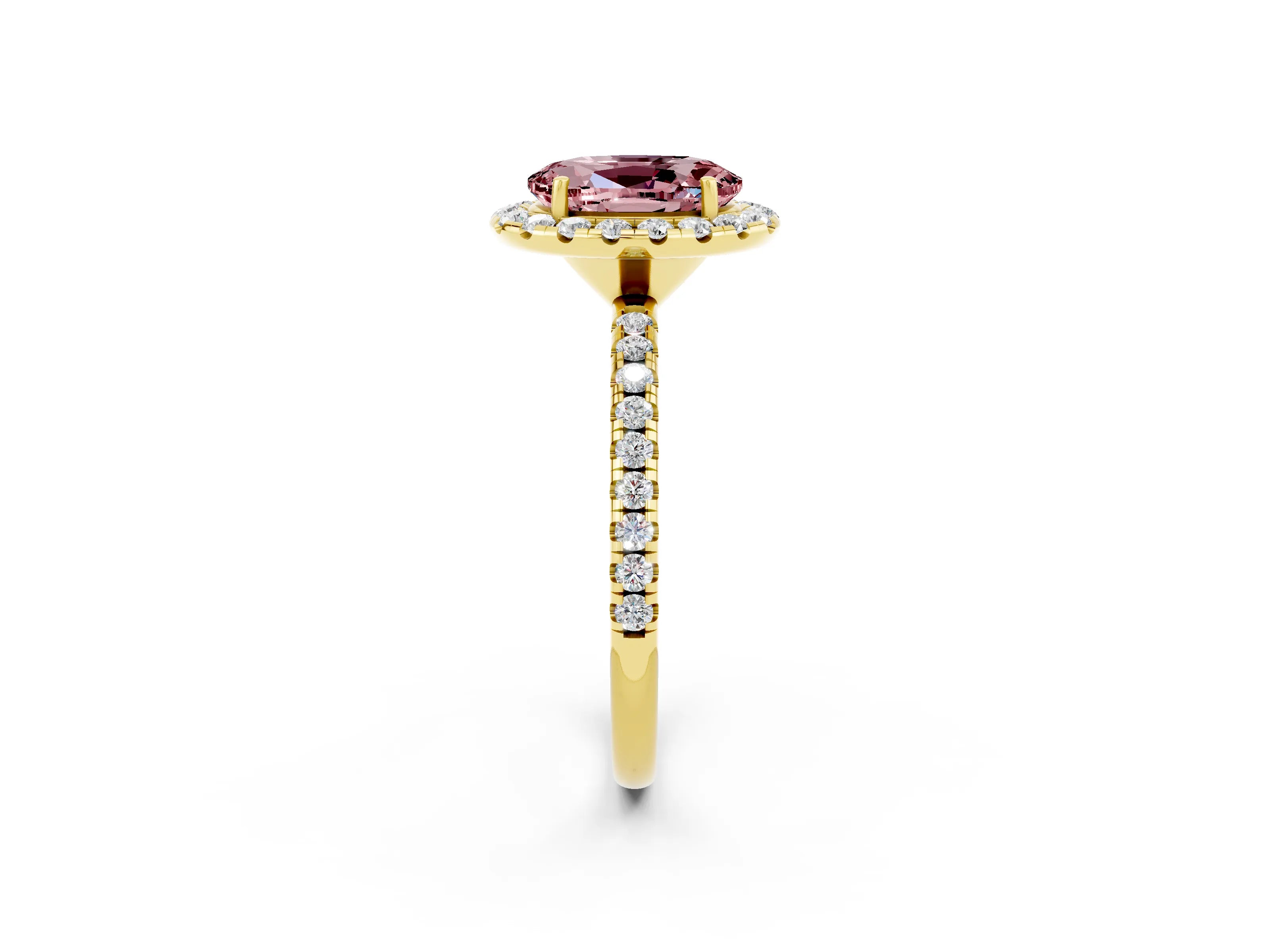 Yellow gold Oval Cut Halo Round Diamond Pavé Band Four-Prong Ring_2