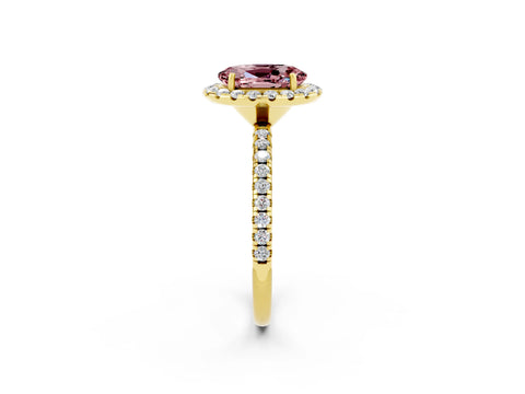 Yellow gold Oval Cut Halo Round Diamond Pavé Band Four-Prong Ring_2