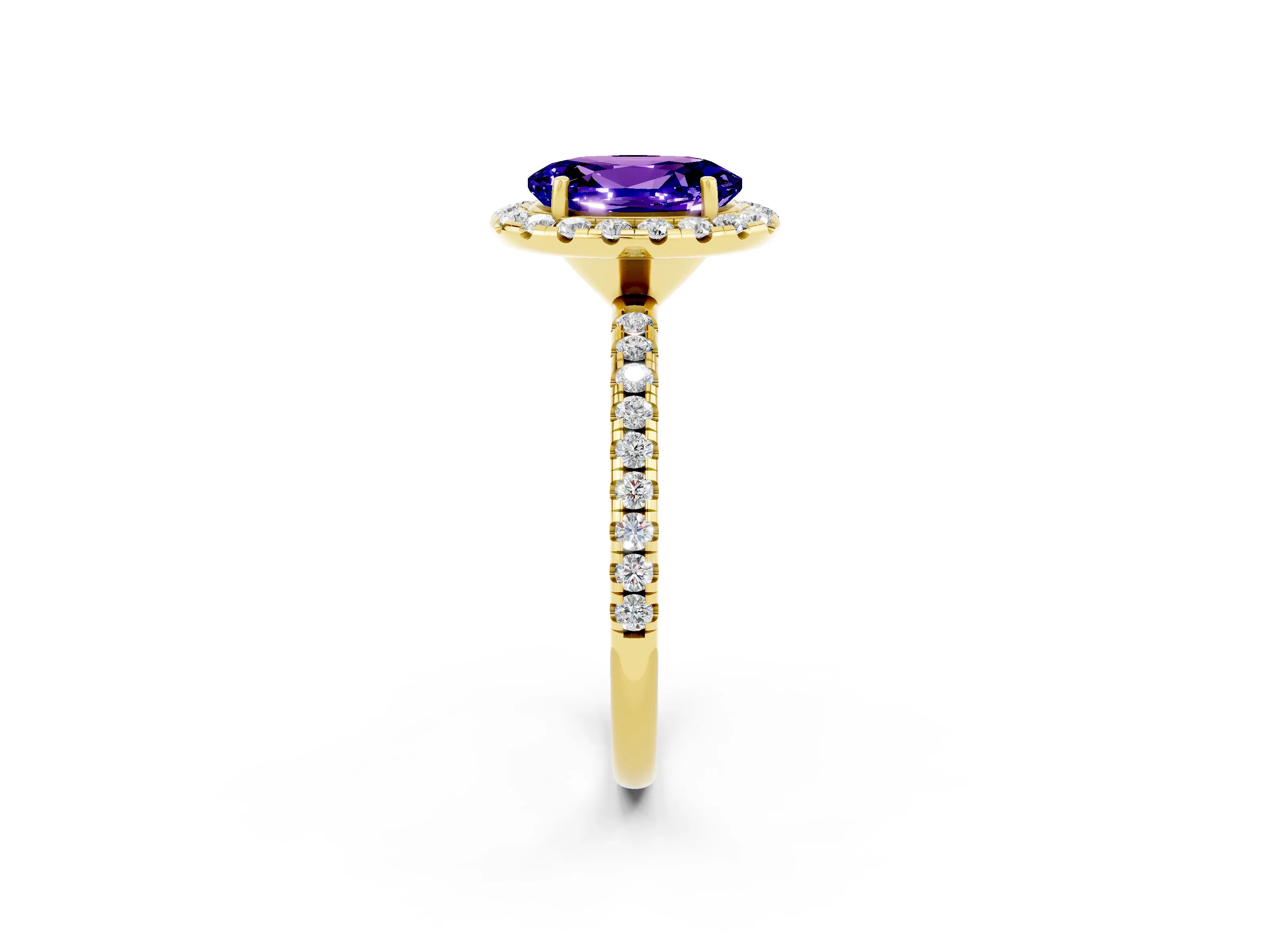 Yellow gold Oval Cut Halo Round Diamond Pavé Band Four-Prong Ring_2