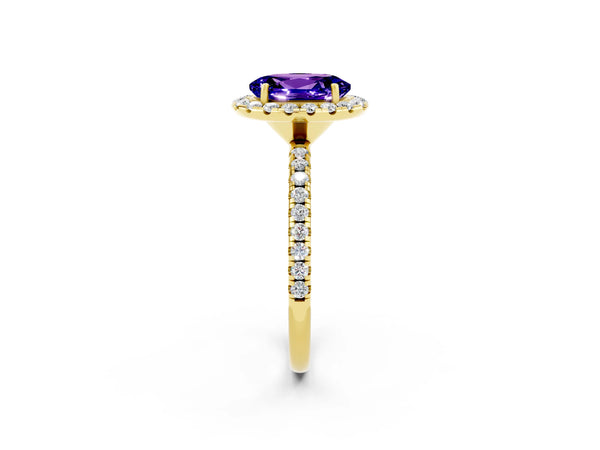 Yellow gold Oval Cut Tanzanite Halo Ring with Round Pavé Band and Prong Setting