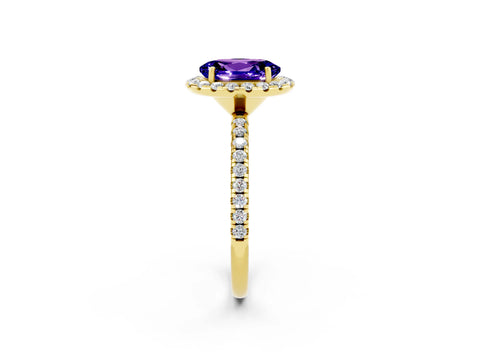 Yellow gold Oval Cut Halo Round Diamond Pavé Band Four-Prong Ring_2