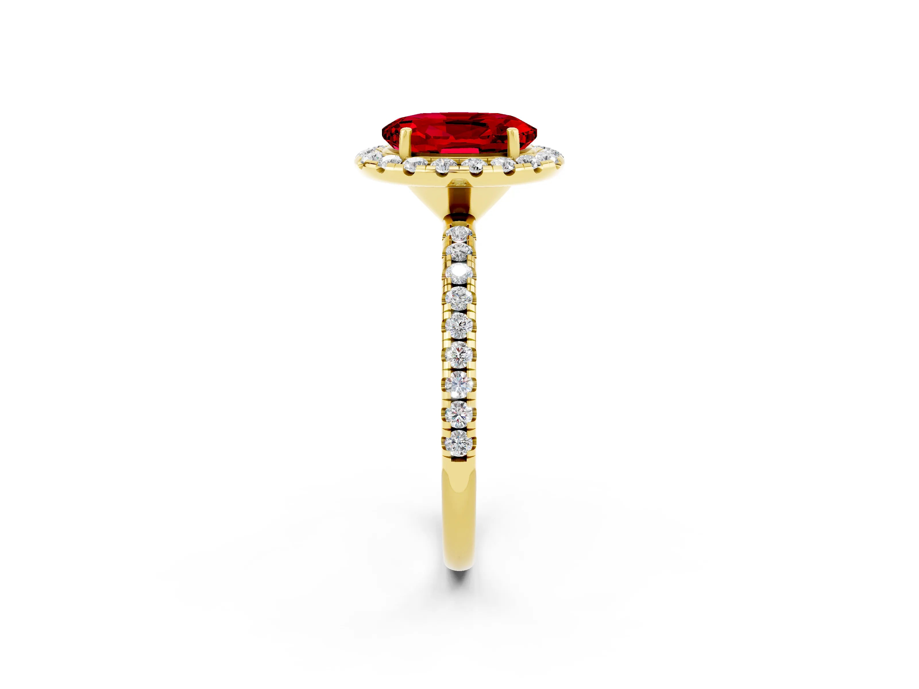 Yellow gold Oval Cut Halo Round Diamond Pavé Band Four-Prong Ring_2