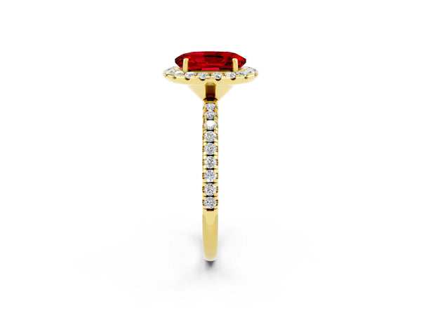 Yellow gold Oval Cut Halo Round Diamond Pavé Band Four-Prong Ring