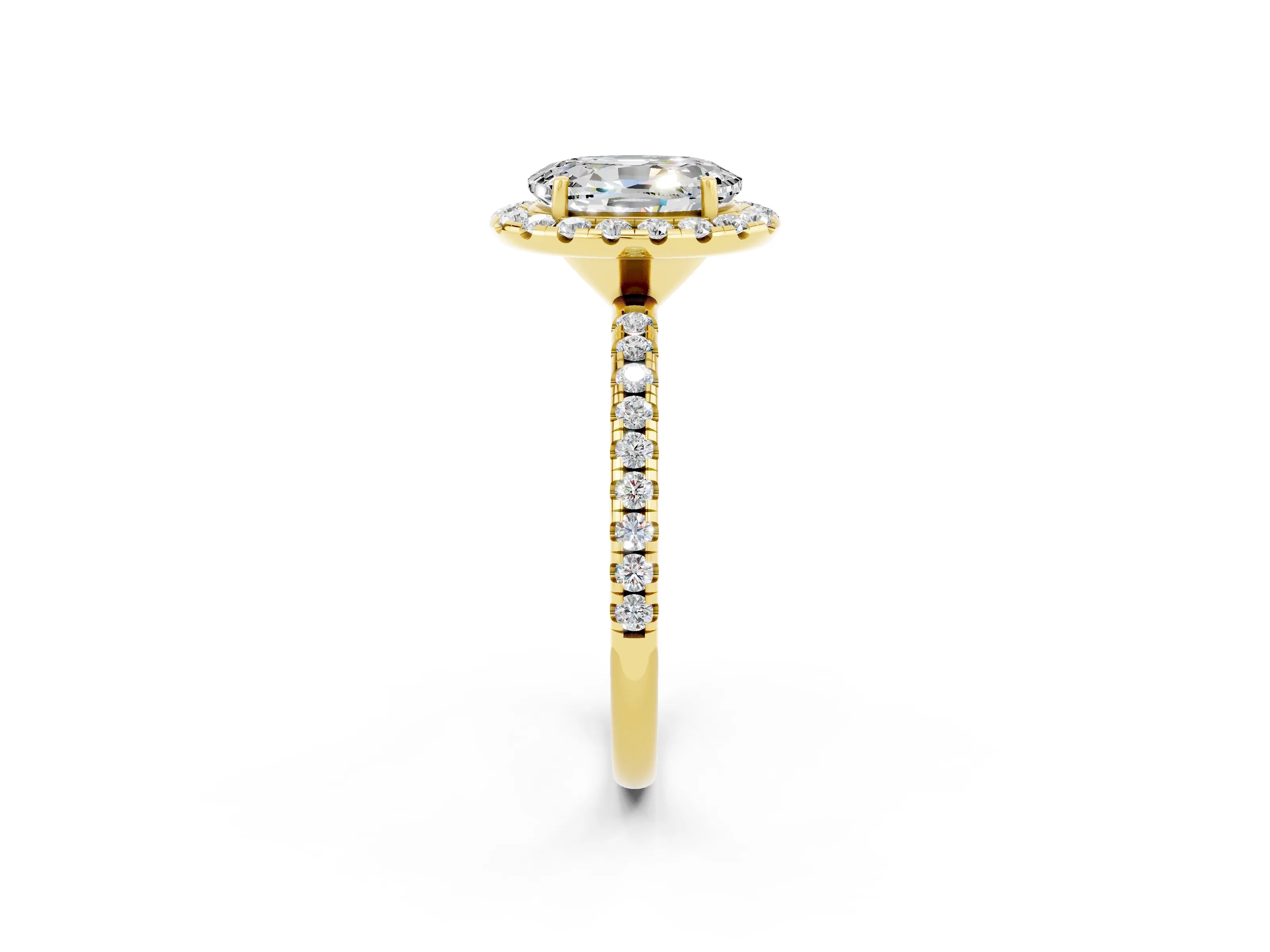 Yellow gold Oval Cut Halo Round Diamond Pavé Band Four-Prong Ring_2
