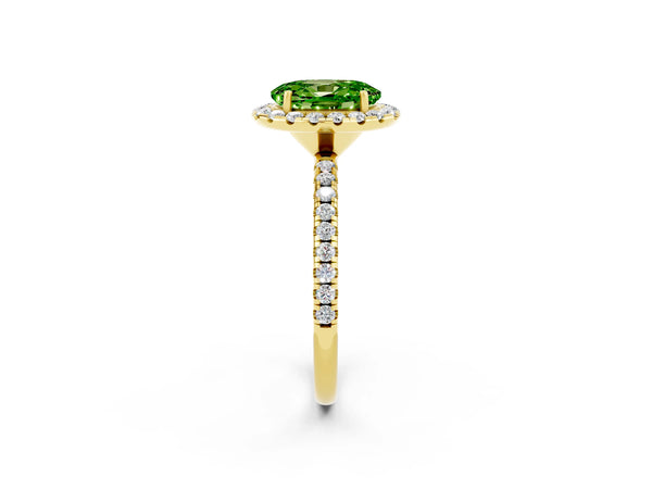 Yellow gold Oval Cut Halo Round Diamond Pavé Band Four-Prong Ring