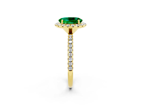 Yellow gold Oval Cut Emerald Halo Ring with Round Pavé Band and Prong Setting