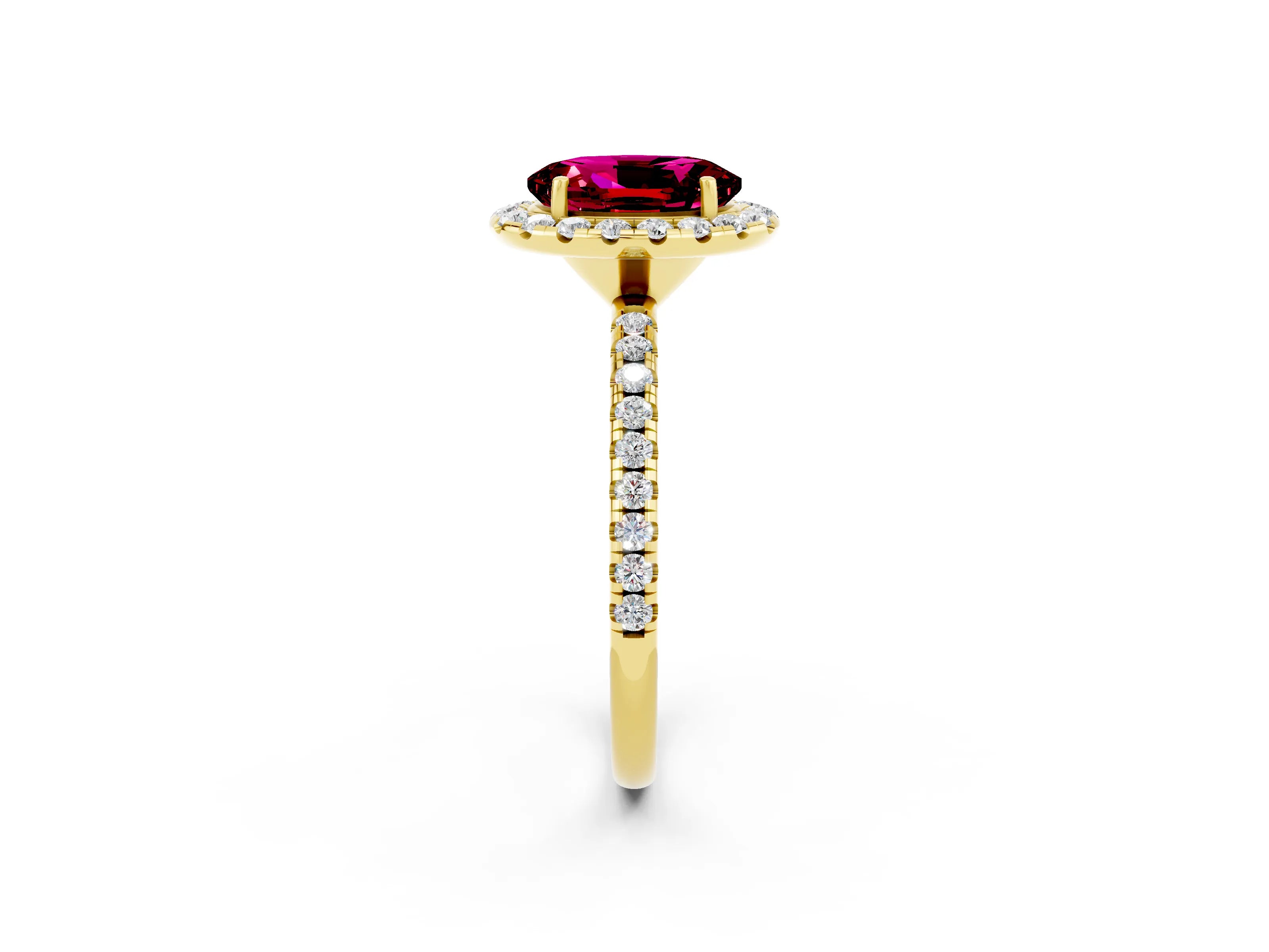 Yellow gold Oval Cut Halo Round Diamond Pavé Band Four-Prong Ring_2