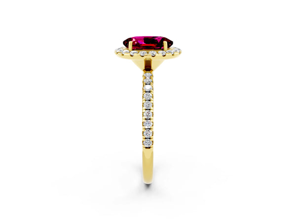 Yellow gold Oval Cut Garnet Halo Ring with Round Pavé Band and Prong Setting