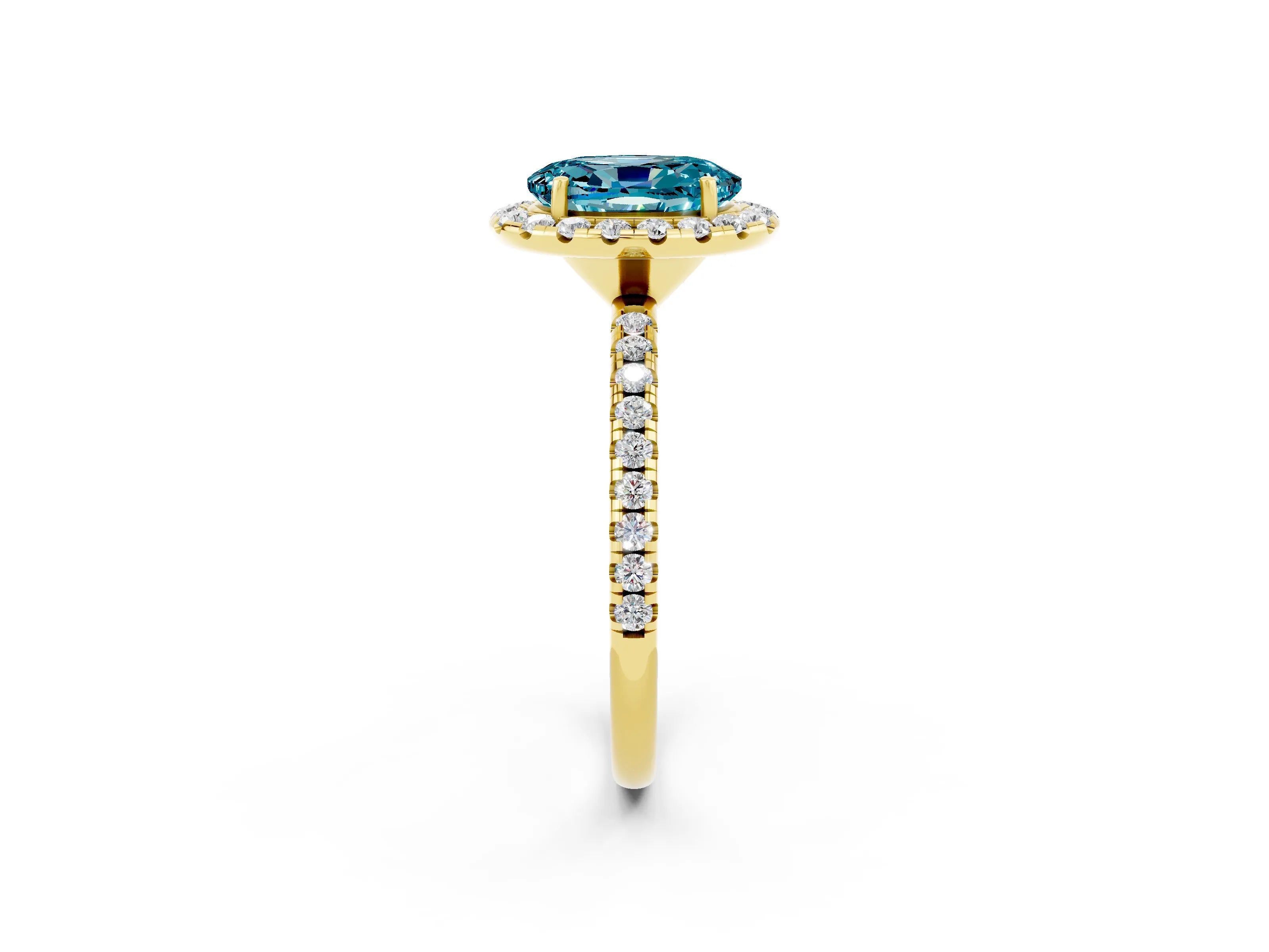 Yellow gold Oval Cut Halo Round Diamond Pavé Band Four-Prong Ring_2