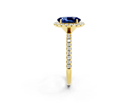 Yellow gold Oval Cut Halo Round Diamond Pavé Band Four-Prong Ring_2