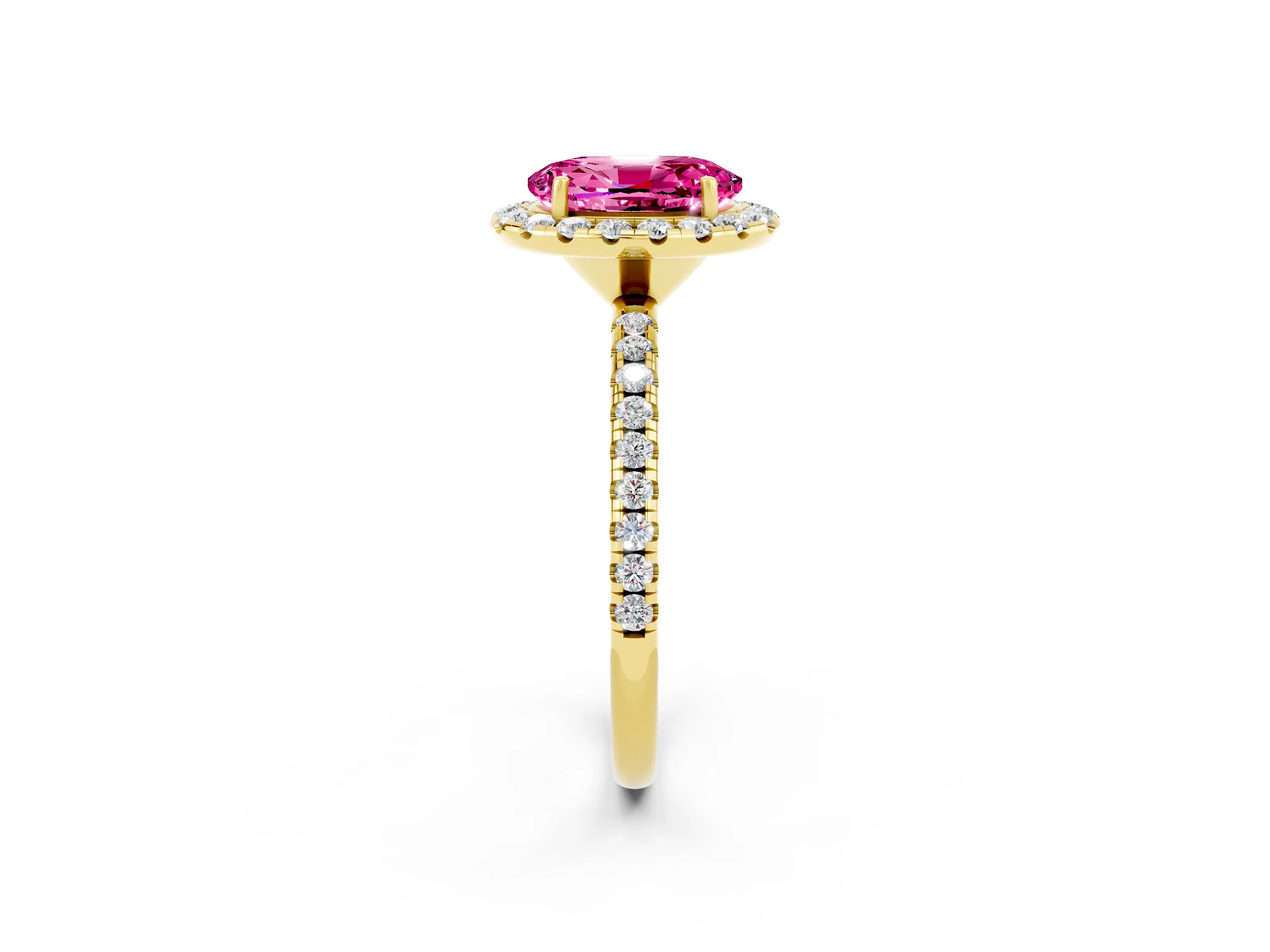 Yellow gold Oval Cut Halo Round Diamond Pavé Band Four-Prong Ring_2
