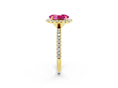 Yellow gold Oval Cut Halo Round Diamond Pavé Band Four-Prong Ring_2