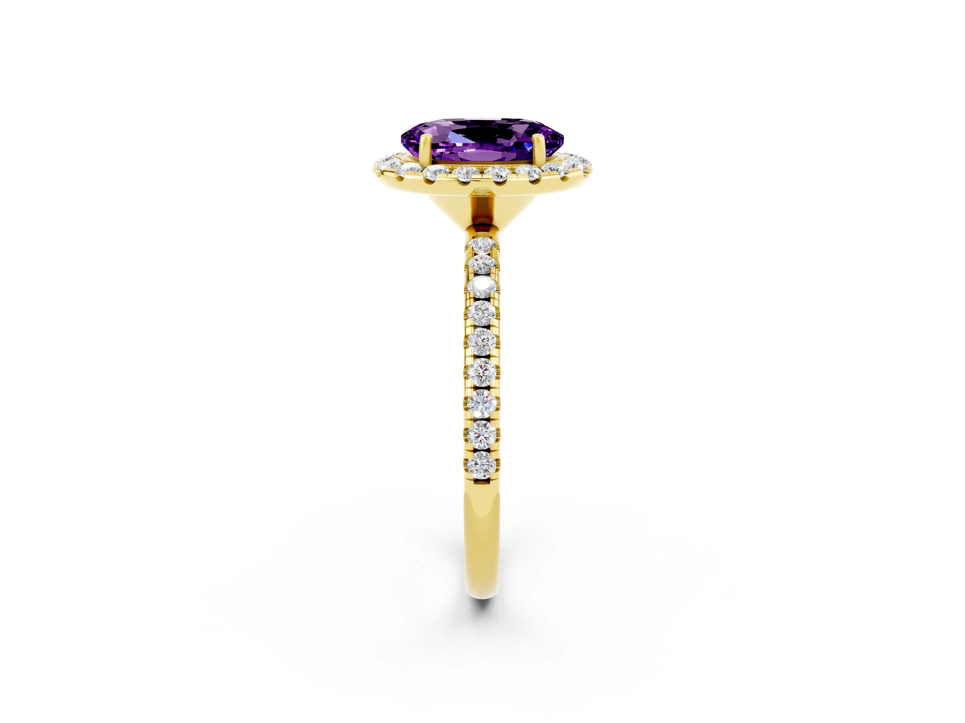Yellow gold Oval Cut Halo Round Diamond Pavé Band Four-Prong Ring_2