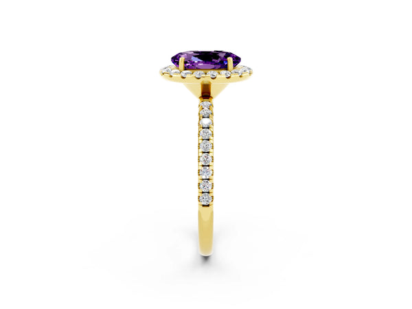 Yellow gold Oval Cut Amethyst Halo Ring with Round Pavé Band and Prong Setting