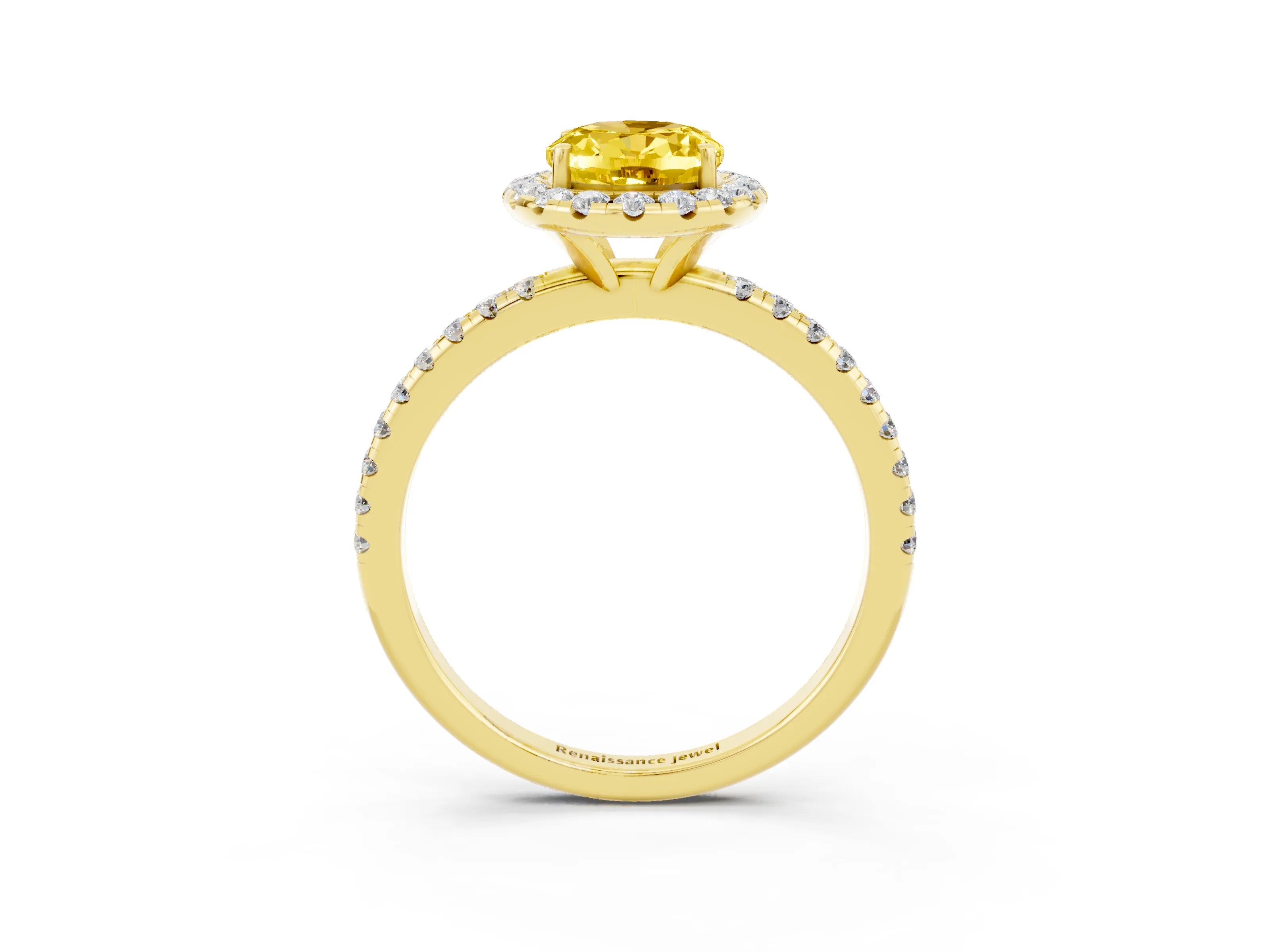 Yellow gold Oval Cut Halo Round Diamond Pavé Band Four-Prong Ring_3