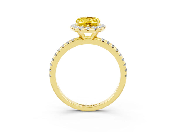 Yellow gold Oval Cut Yellow Sapphire Halo Ring with Round Pavé Band and Prong Setting