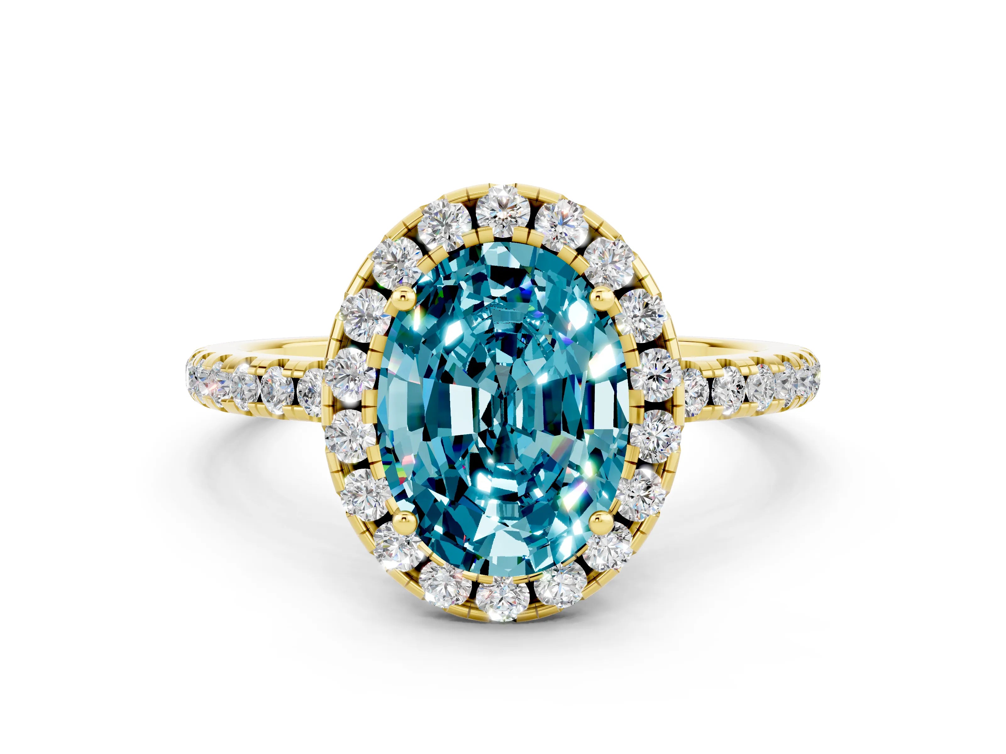 Yellow gold Oval Cut Halo Round Diamond Pavé Band Four-Prong Ring