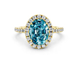 Yellow gold Oval Cut Halo Round Diamond Pavé Band Four-Prong Ring