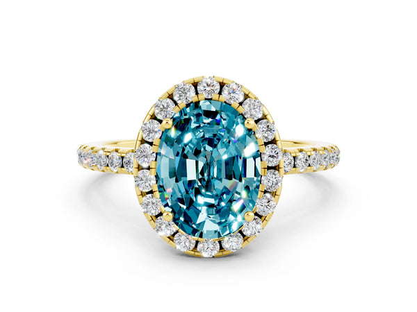 Yellow gold Oval Cut Halo Round Diamond Pavé Band Four-Prong Ring