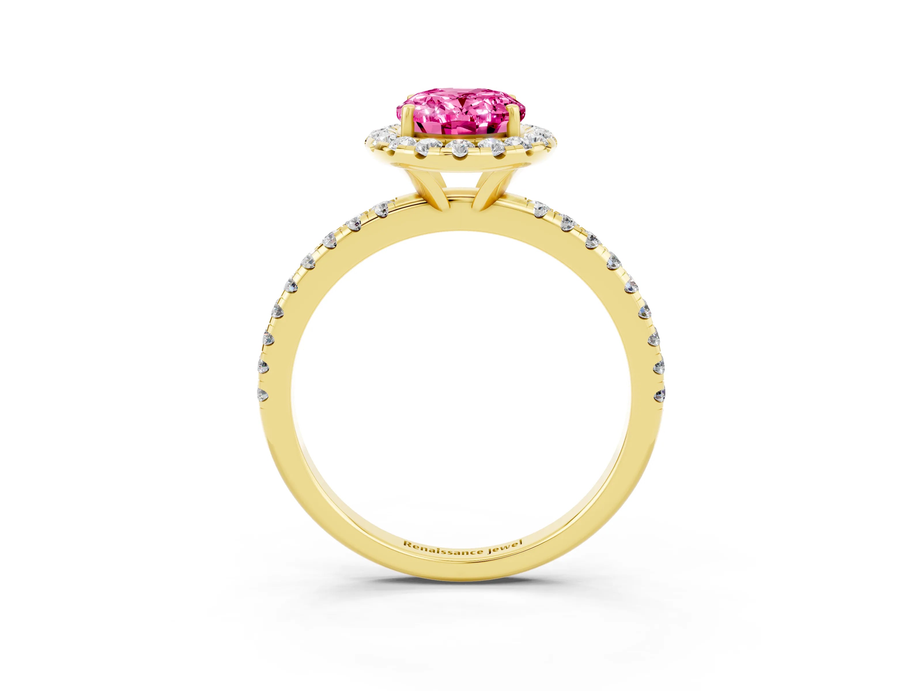 Yellow gold Oval Cut Halo Round Diamond Pavé Band Four-Prong Ring_3