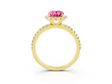 Yellow gold Oval Cut Halo Round Diamond Pavé Band Four-Prong Ring_3