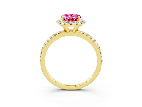 Yellow gold Oval Cut Halo Round Diamond Pavé Band Four-Prong Ring_3
