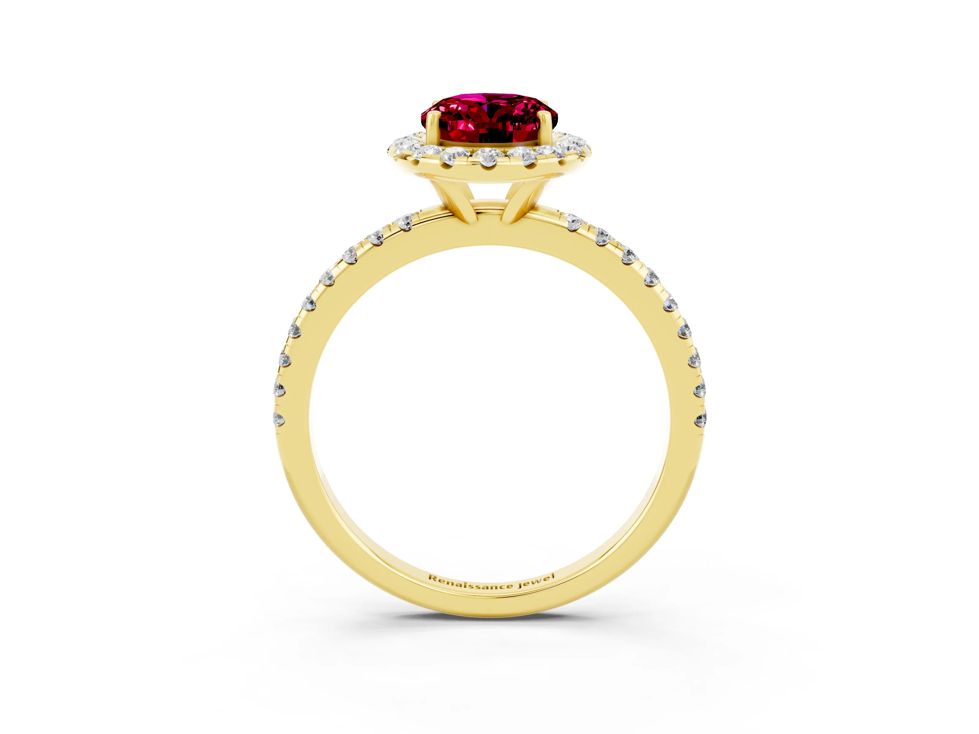Yellow gold Oval Cut Halo Round Diamond Pavé Band Four-Prong Ring_3