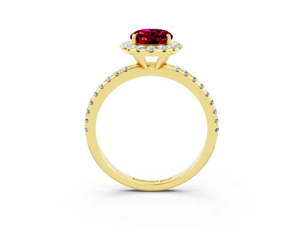 Yellow gold Oval Cut Garnet Halo Ring with Round Pavé Band and Prong Setting
