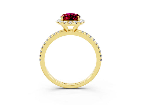 Yellow gold Oval Cut Halo Round Diamond Pavé Band Four-Prong Ring_3