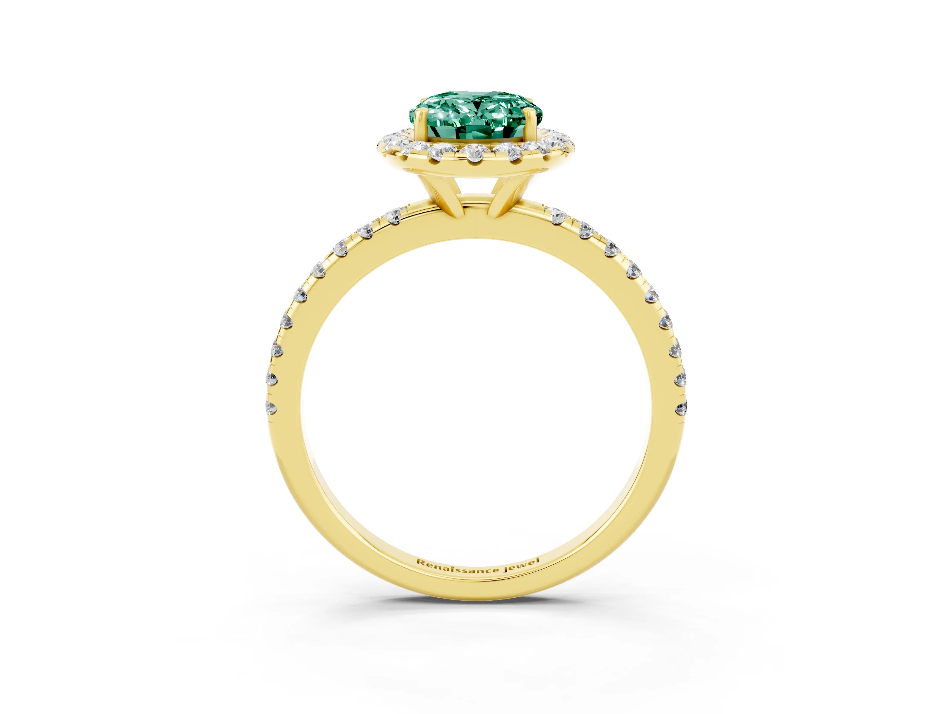 Yellow gold Oval Cut Halo Round Diamond Pavé Band Four-Prong Ring_3