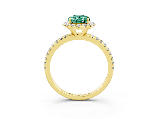 Yellow gold Oval Cut Green Sapphire Halo Ring with Round Pavé Band and Prong Setting
