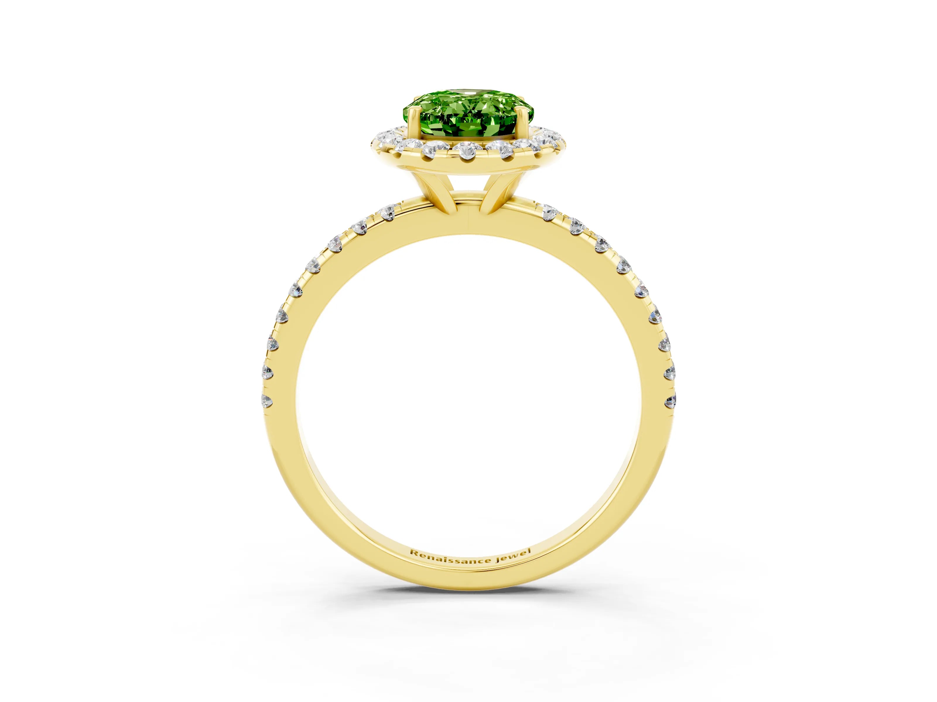 Yellow gold Oval Cut Halo Round Diamond Pavé Band Four-Prong Ring_3