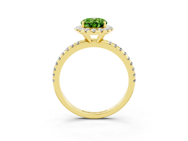 Yellow gold Oval Cut Halo Round Diamond Pavé Band Four-Prong Ring